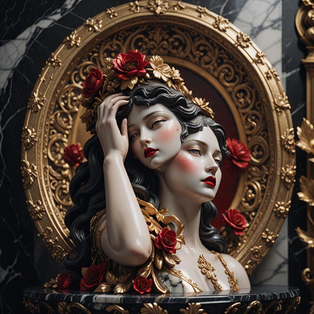 Hyper-Realistic Marble Statue Portrait in Golden Florals