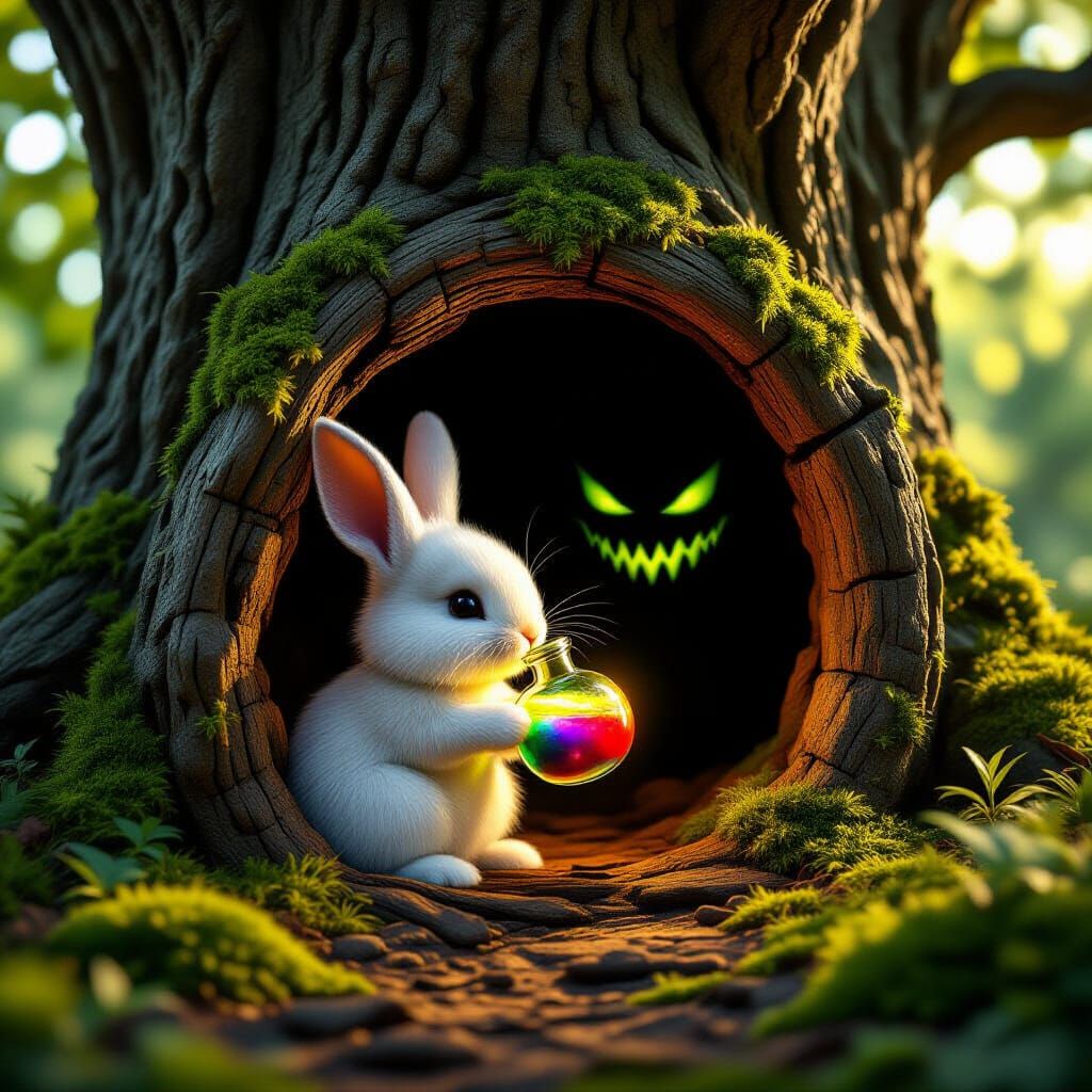 Fluffy Bunny Drinks Rainbow Potion in Cozy Tree Hole