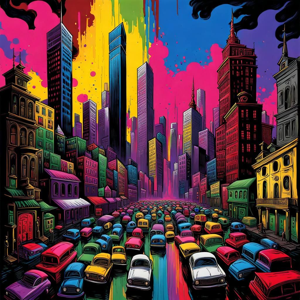 Surreal Cityscape Allegory of Human Vice