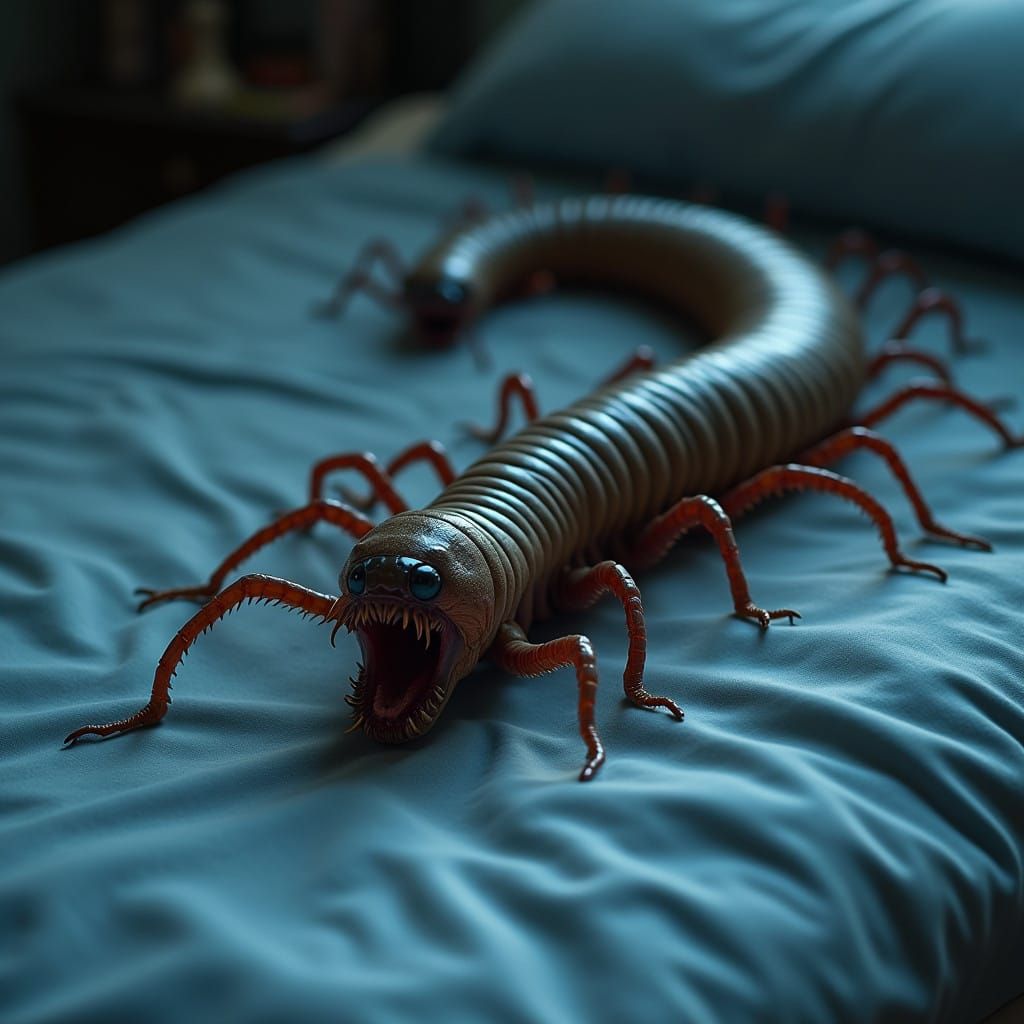 Surreal Nightmarish Scene of Mutant Millipede Emerging from...