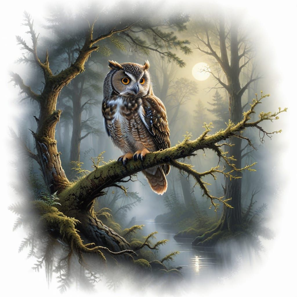 Moonlit Owl Perched in a Foggy Forest, in a Whimsical Wet-on...