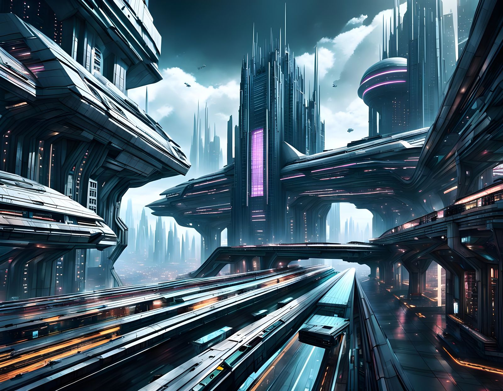 Cyberpunk Cloud City with Gothic Architecture