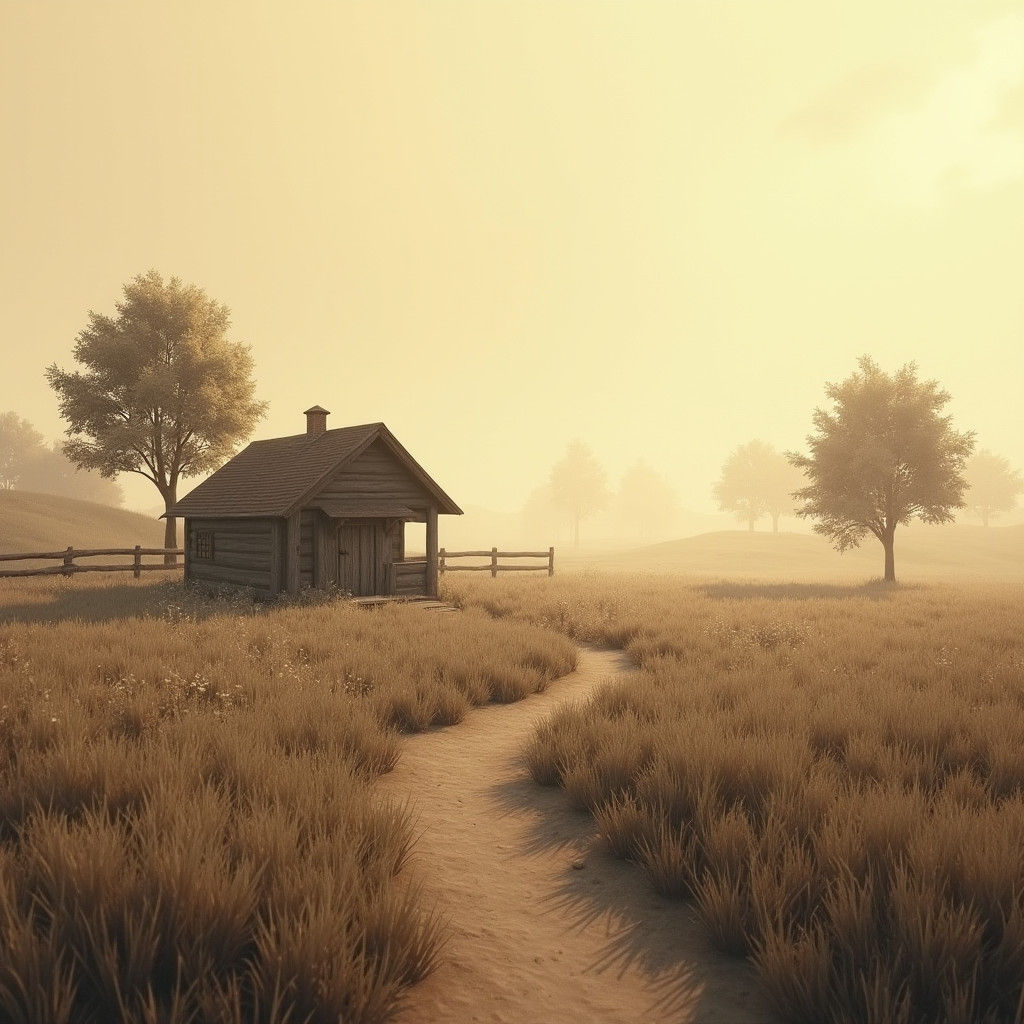 Rustic Cabin in Sepia Tones: A Tranquil Landscape