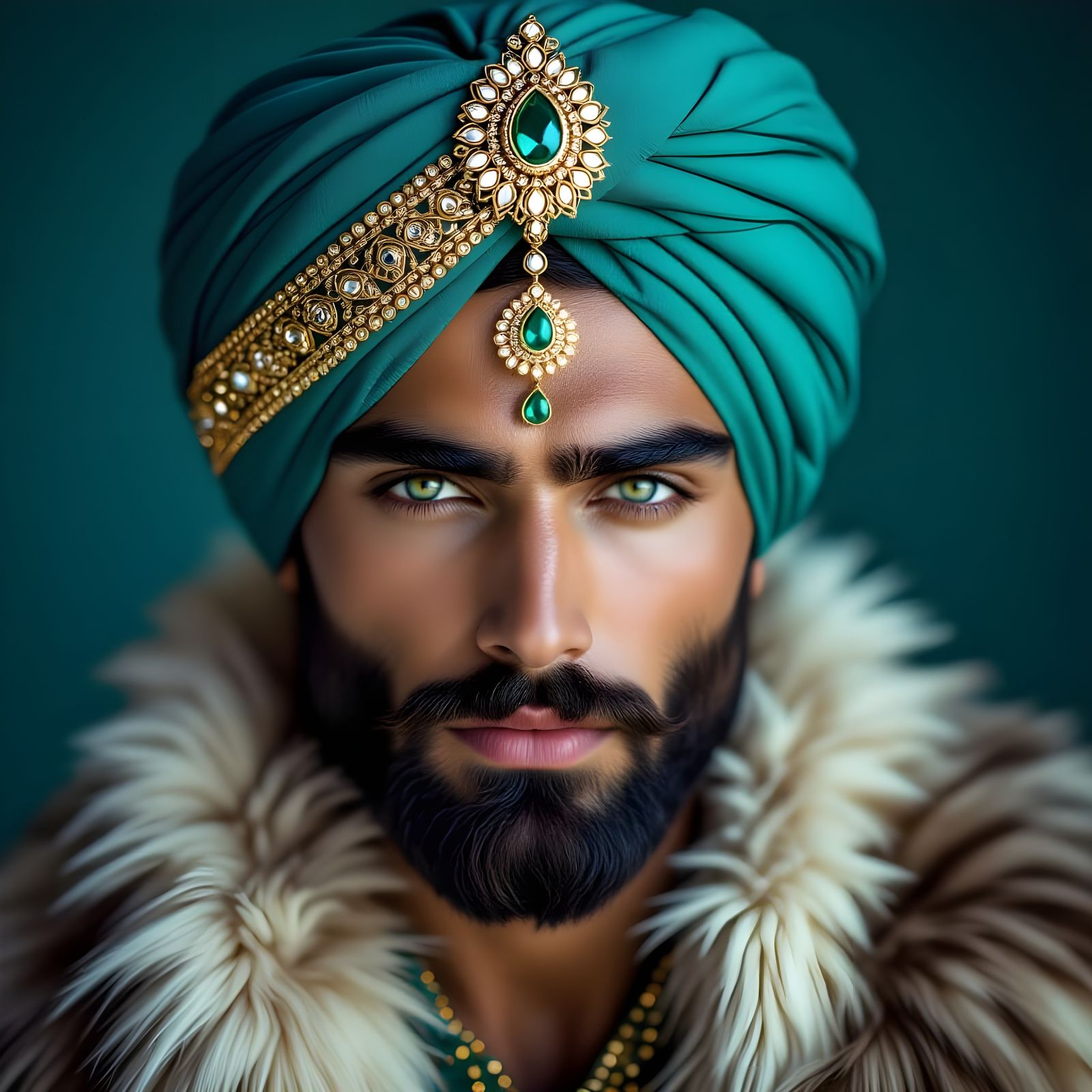 Intense Portrait of a Man with Teal Turban