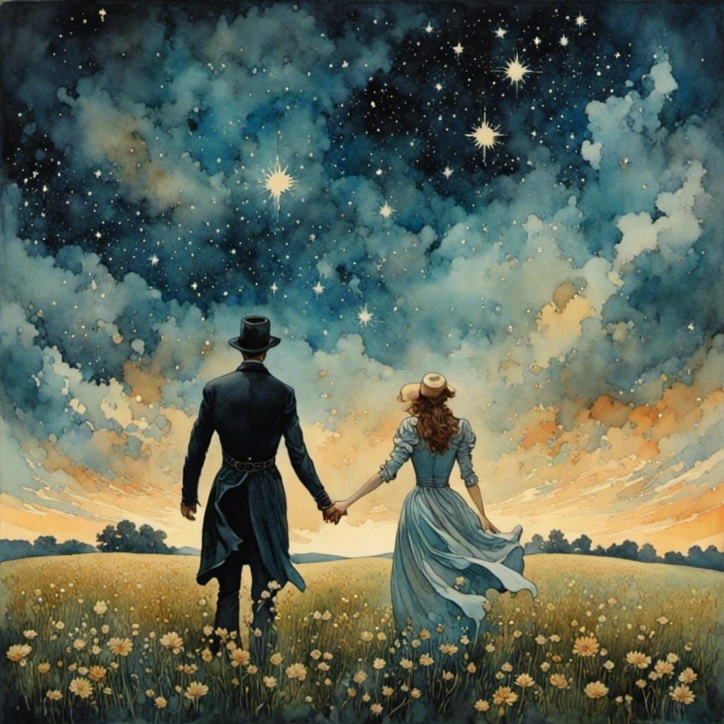 Romantic Watercolor: Man and Woman in Starry Field