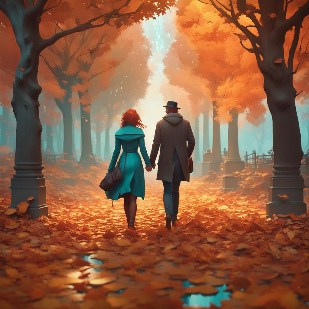 Romantic Autumn Scene in Art Nouveau Style