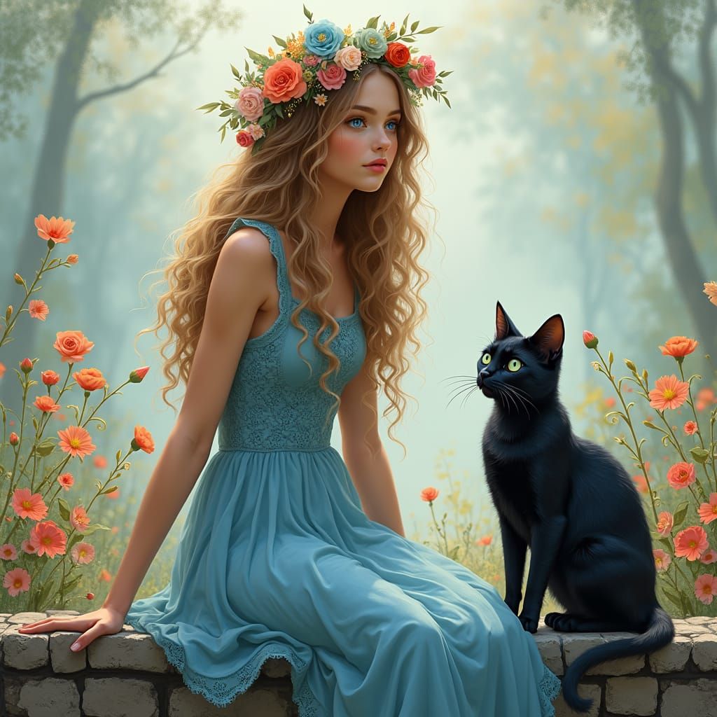 Woman with Flower Crown and Cat, Digital Art