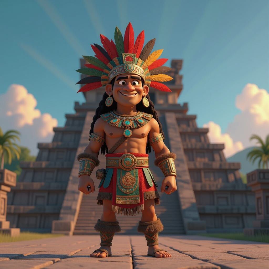 Mayan Warrior Before Temple in Pixar-Inspired 3D Art