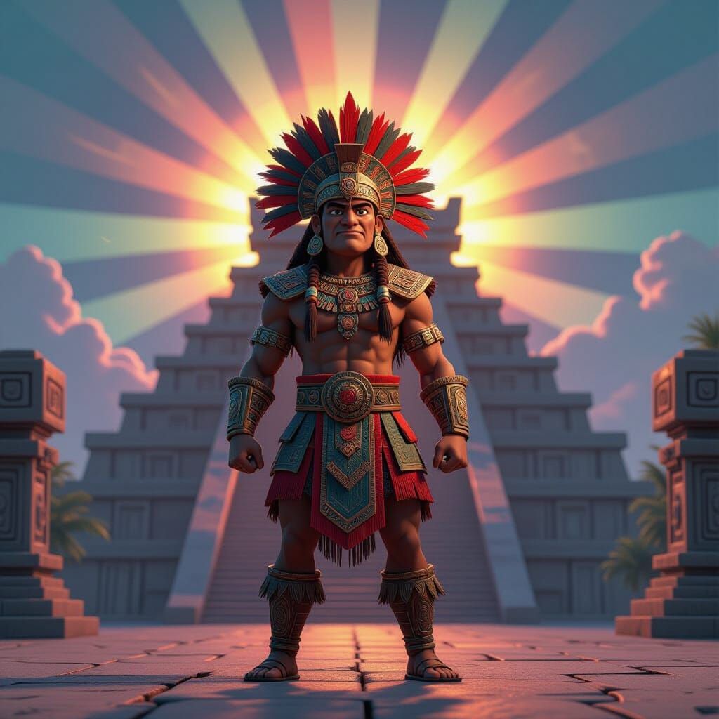 Mayan Warrior Before Temple in 3D Digital Art