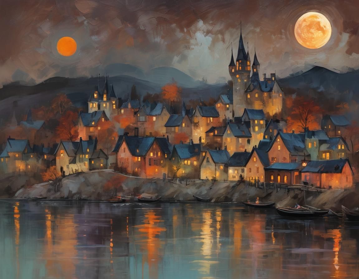 Orange Moon Over Lake Village, Expressionist Impasto Paintin...