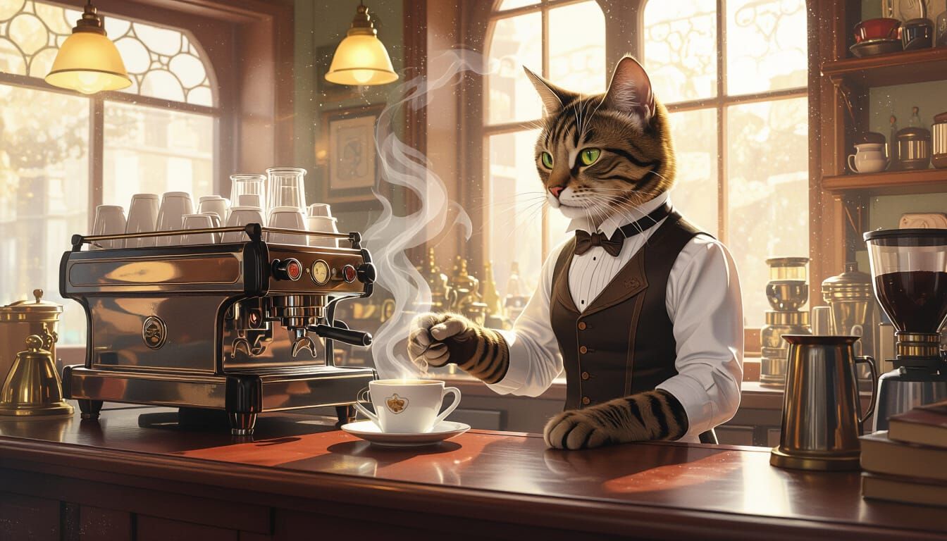 Victorian Cat Barista Crafting Coffee in Surreal Watercolor ...