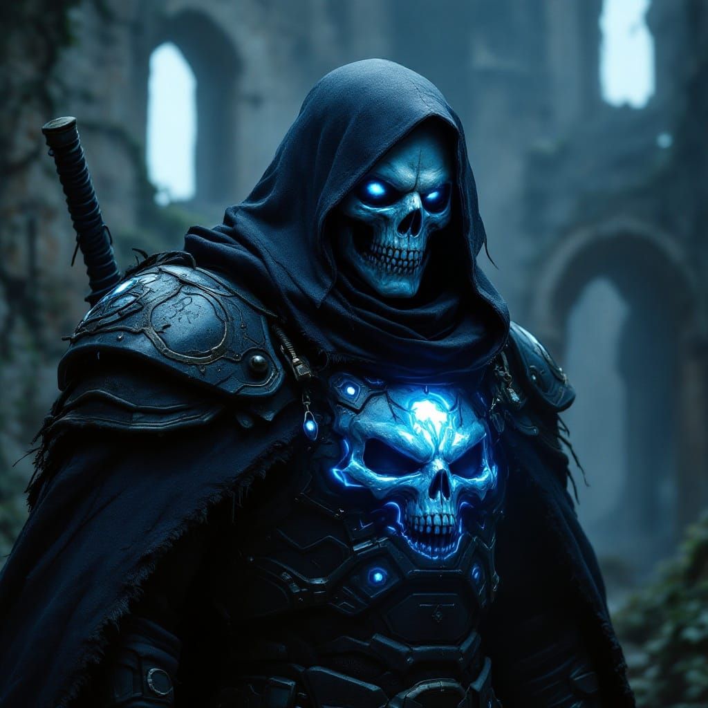 Cyberpunk Warlord in Dark Fantasy Armor