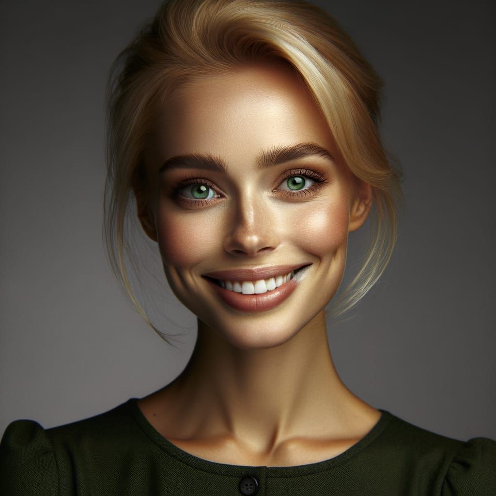 Studio Portrait of Smiling Blonde Woman with Green Eyes
