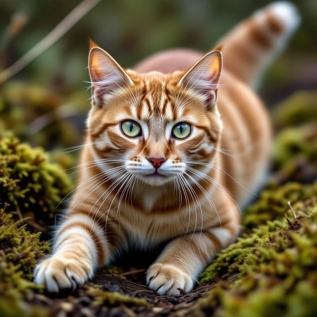 Blue-Eyed Brown Cat with Broken Spine in Mossy Undergrowth