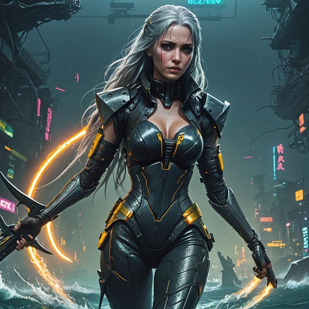 Cyberpunk Mermaid with Blade Tail in the Deep