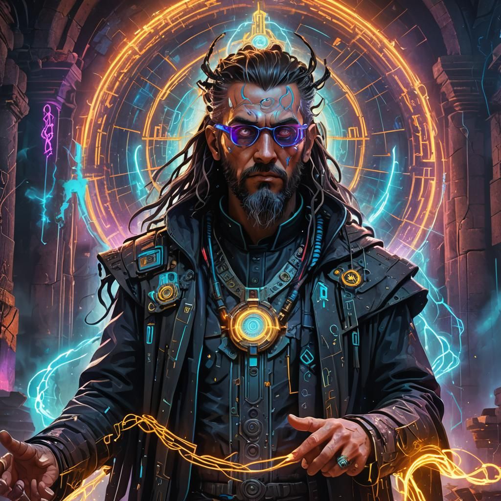 Cyberpunk Techno Wizard in Ruined Church
