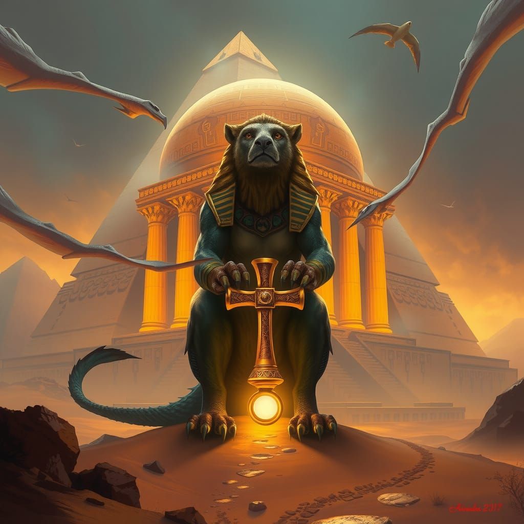 Surreal Ancient Temple Guardian Reveals Golden Ankh in Cyber...