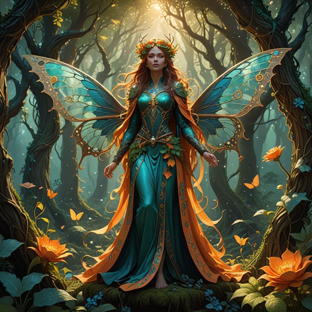 Majestic Faerie Queen in Vibrant Art Nouveau Style
