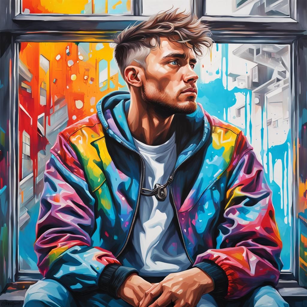 Futuristic Young Man Portrait in Graffiti Art Style