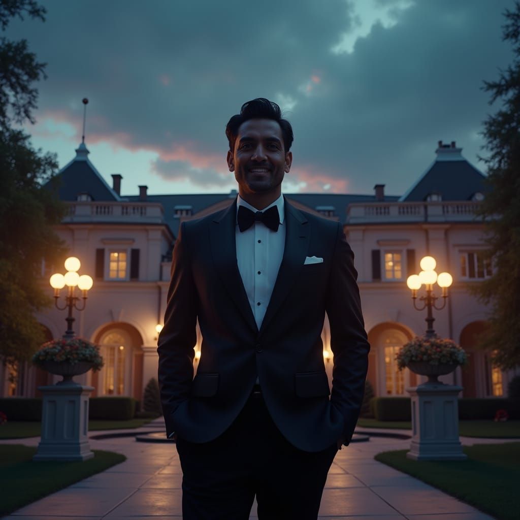 Elegant Noir: Kumar Greets Guests at Grand Mansion