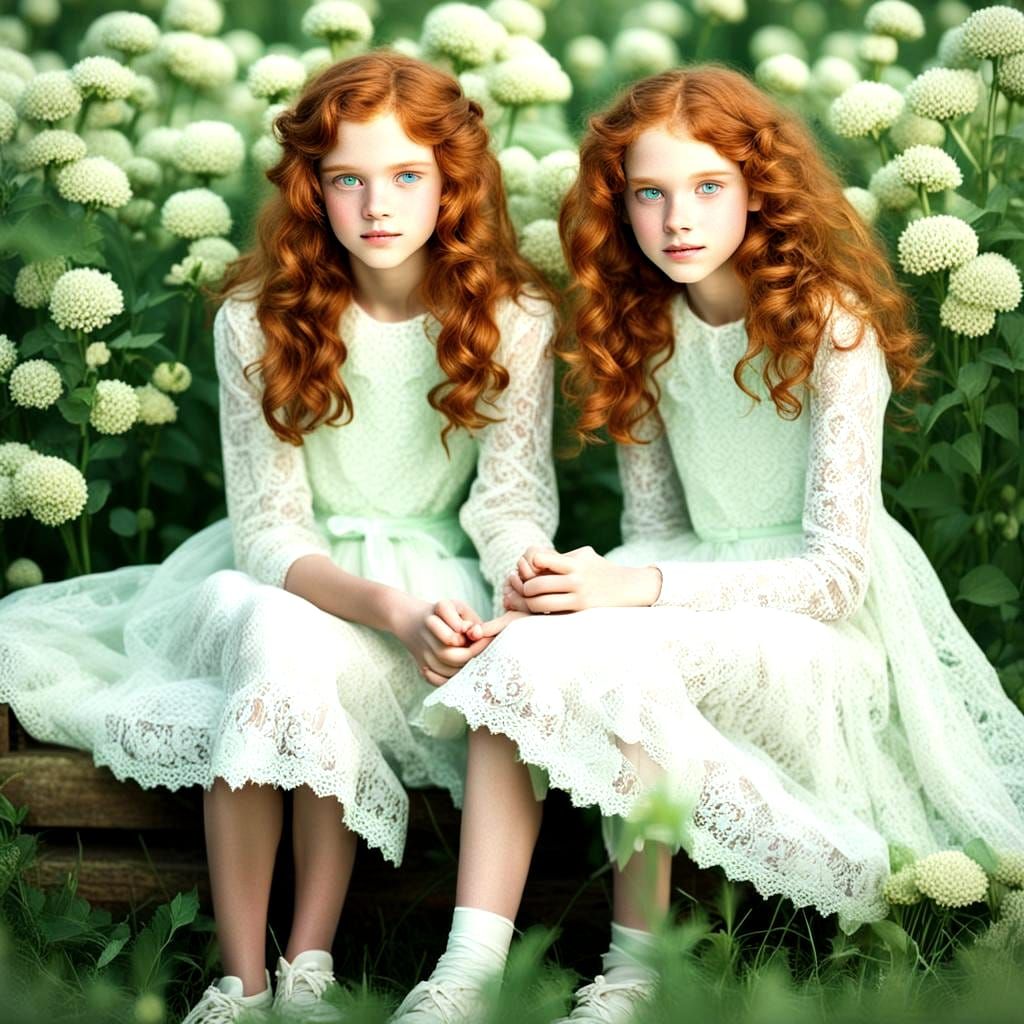 Red-Haired Twins in Lacy Dresses Portrait
