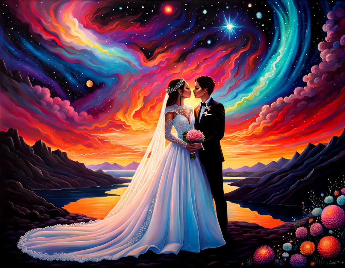 Cosmic Lesbian Wedding at Bioluminescent Sunset