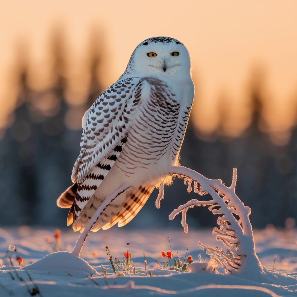 Snowy Owl Perched at Sunset in Winter Landscape