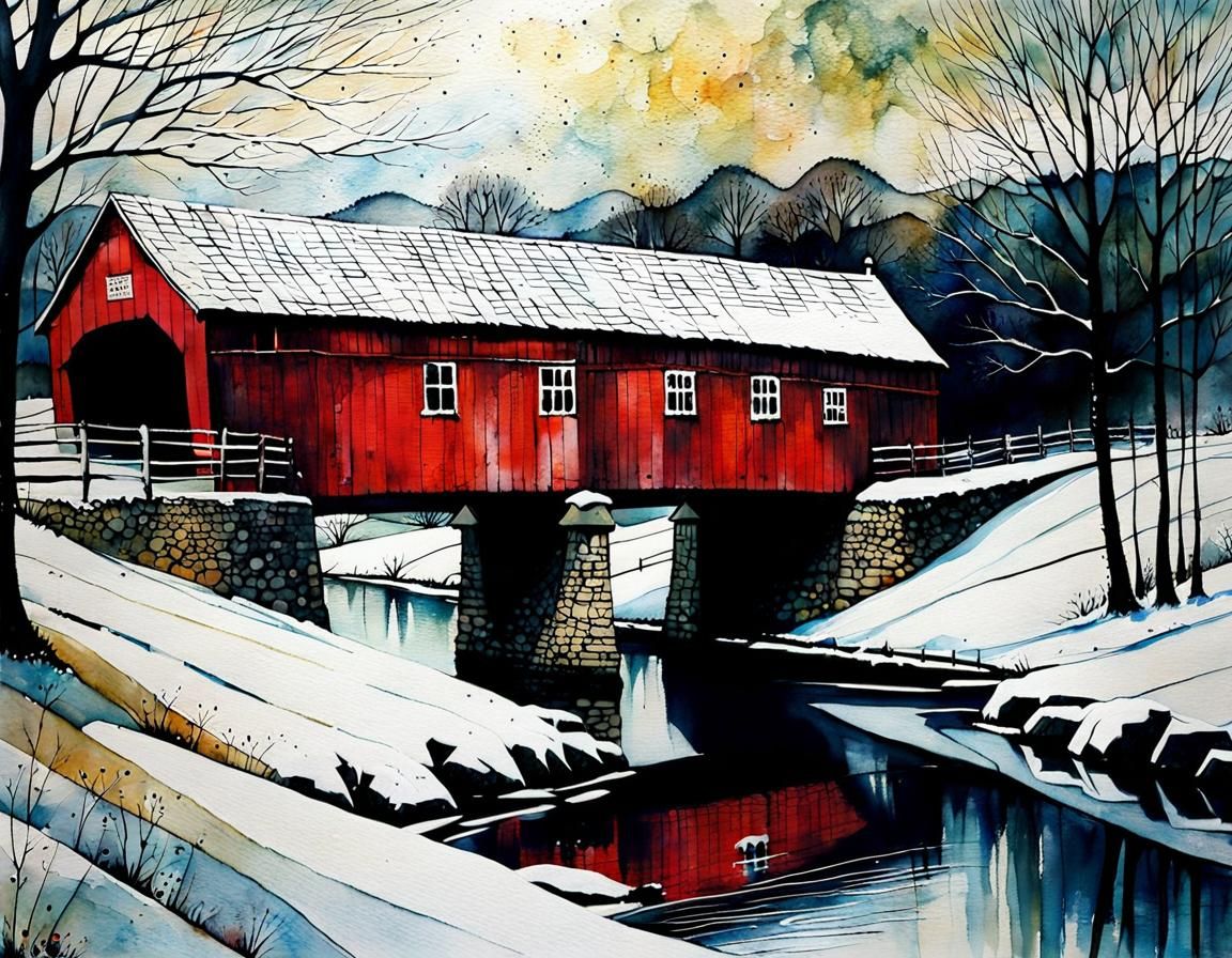 Winter Covered Bridge, Encaustic Painting Style