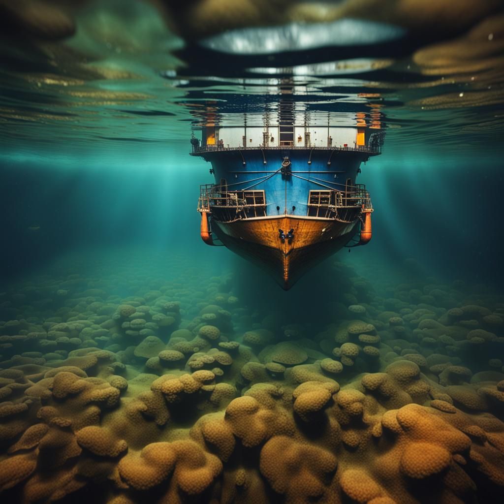 Upside-Down Ship Floating Underwater: Sharp Photography