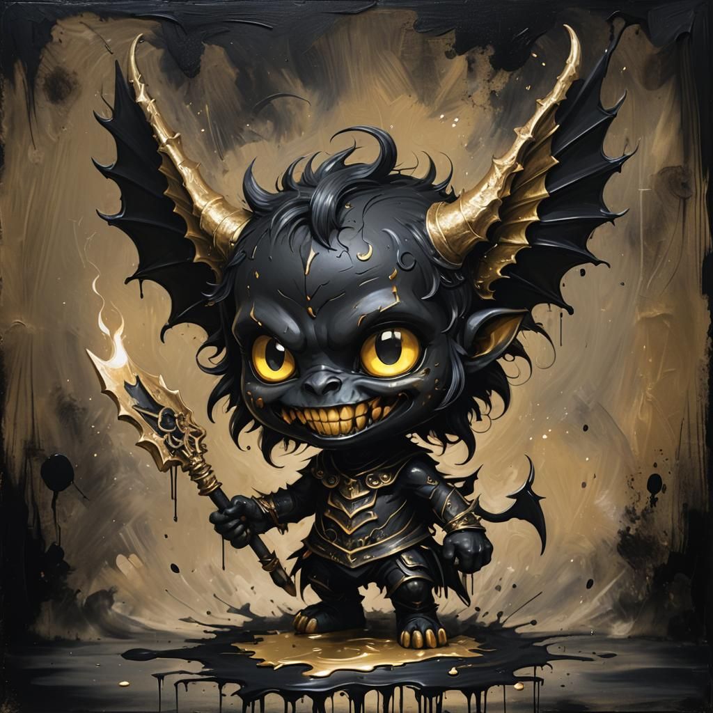 Chibi Demon Painting with Golden Highlights