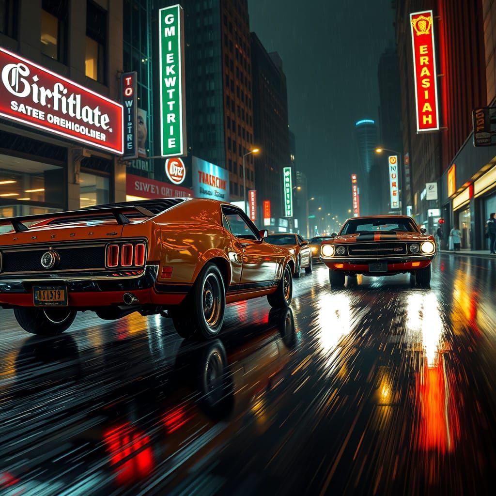 Neon Nights: Classic American Muscle Cars Speed Through Rain...