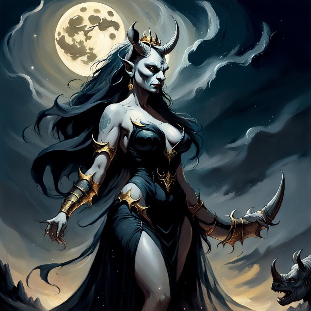 Rhino-Demoness Queen in Moonlight: A Dark Fantasy Art