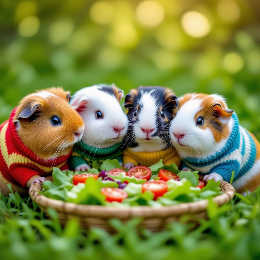 Four Guinea Pigs Enjoying Salad in Colorful Sweaters