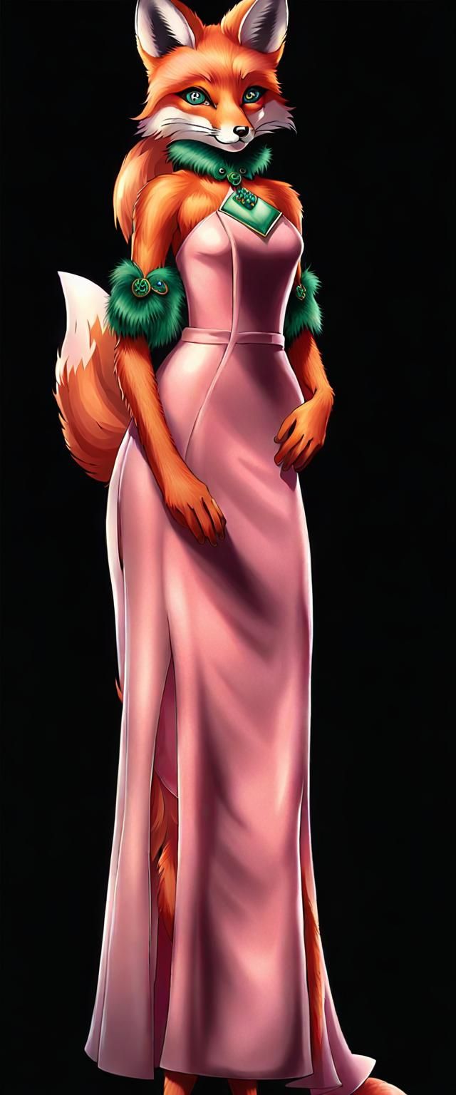 An anthropomorphic fox Diane Foxington with green emerlad eyes in a prom pink gown without a tank and with her arms unco...
