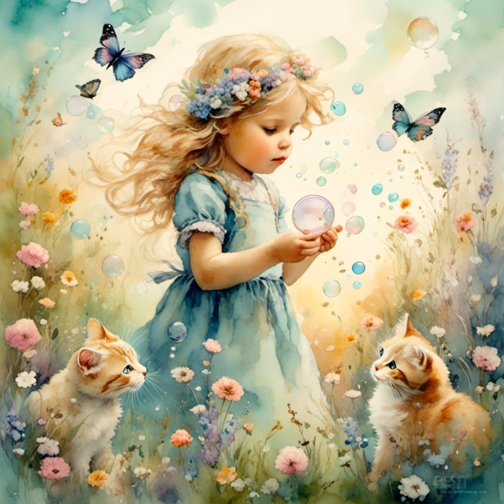 Girl Blowing Bubbles in Flower Meadow, Whimsical Art