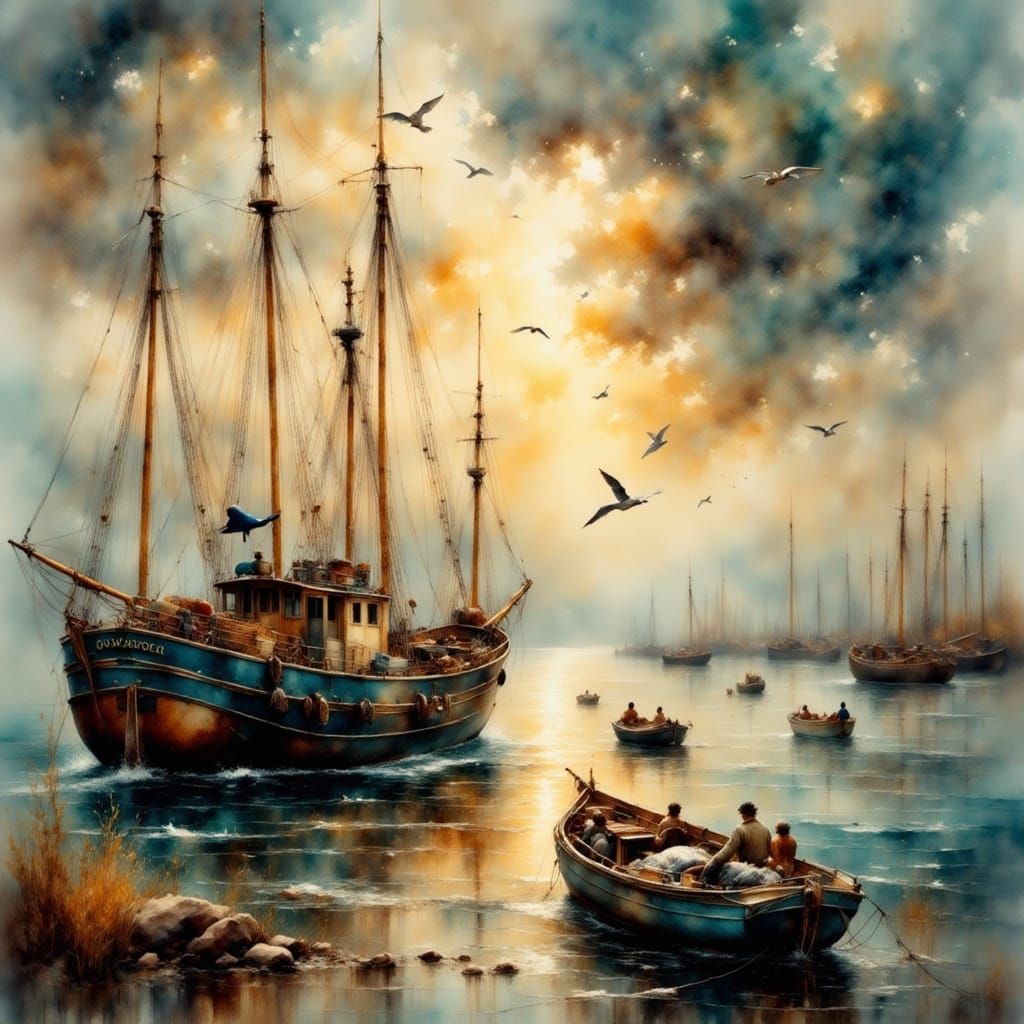 Fishing Boat Returns to Port at Dawn