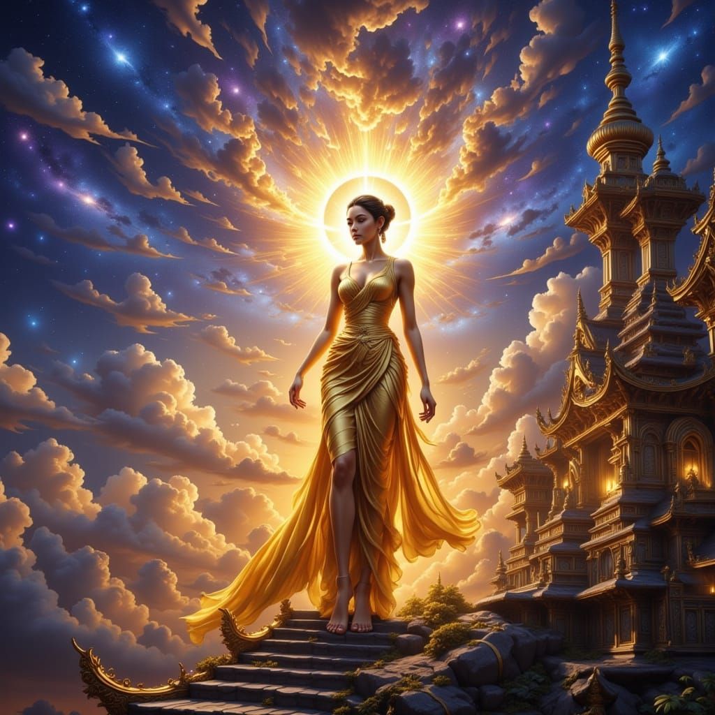 Celestial Goddess on Temple Roof at Twilight