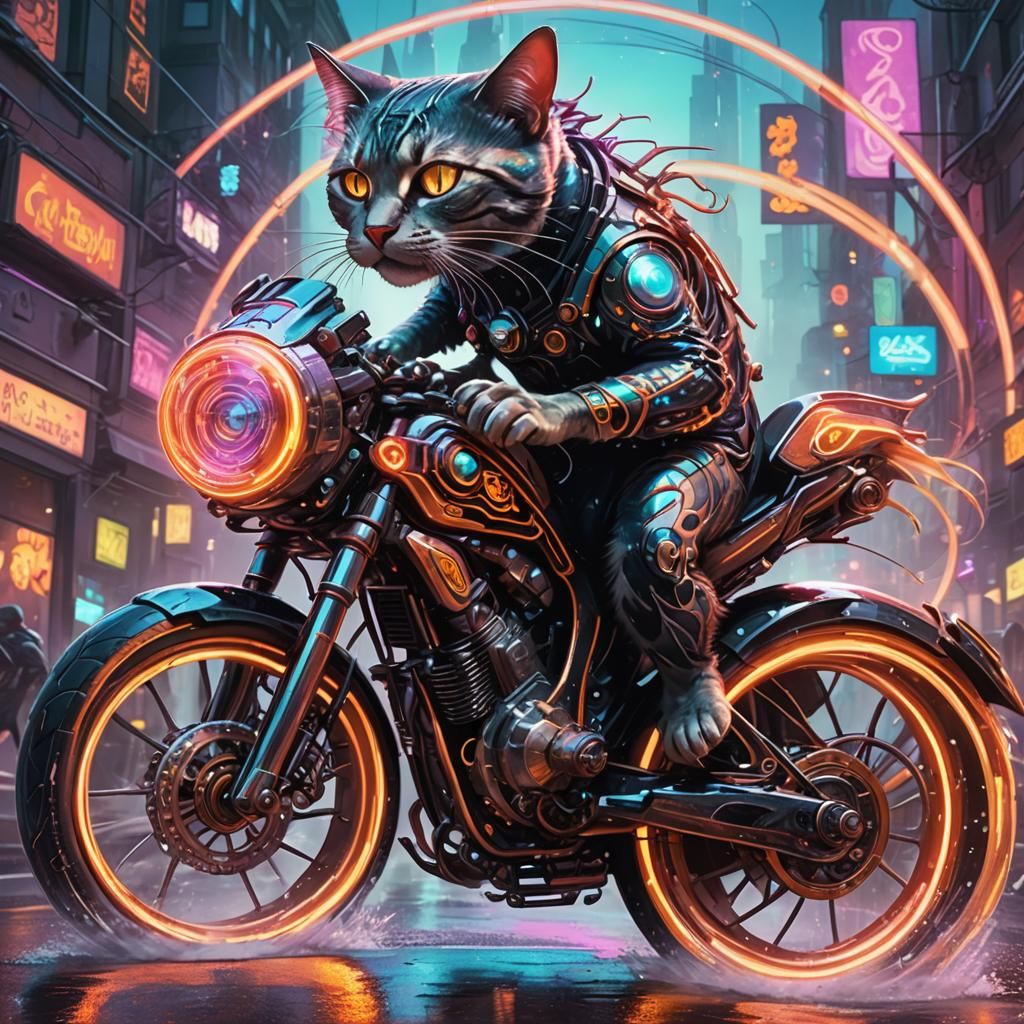 Neon Cat Rides Futuristic Bike, Digital Art