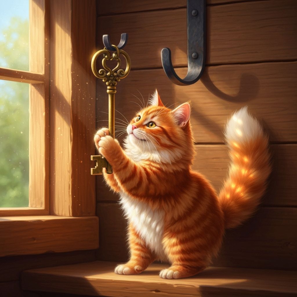 Ginger Cat Plays with Antique Key in Dappled Sunlight