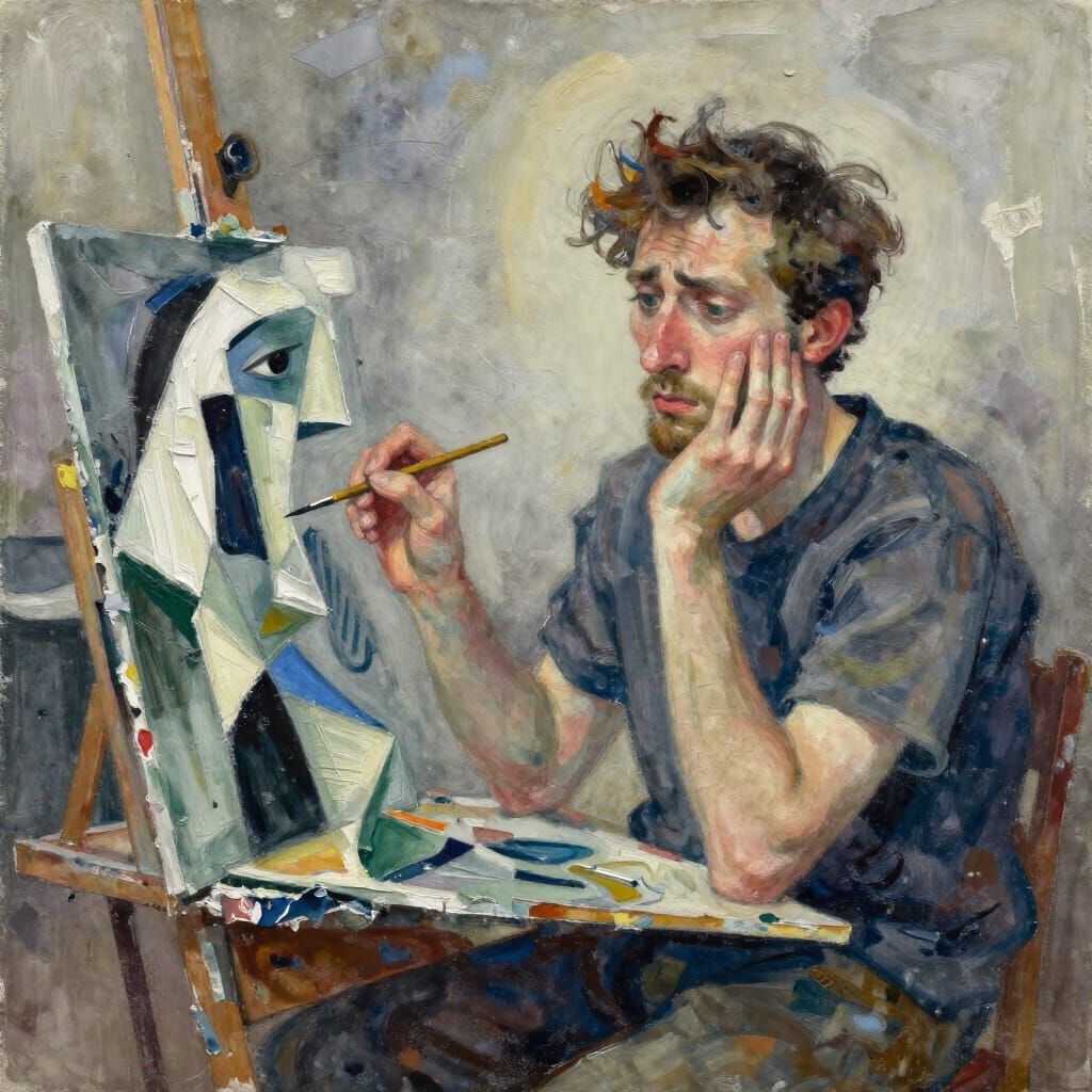 Confused Man Creates Cubist Art in Gouache Style