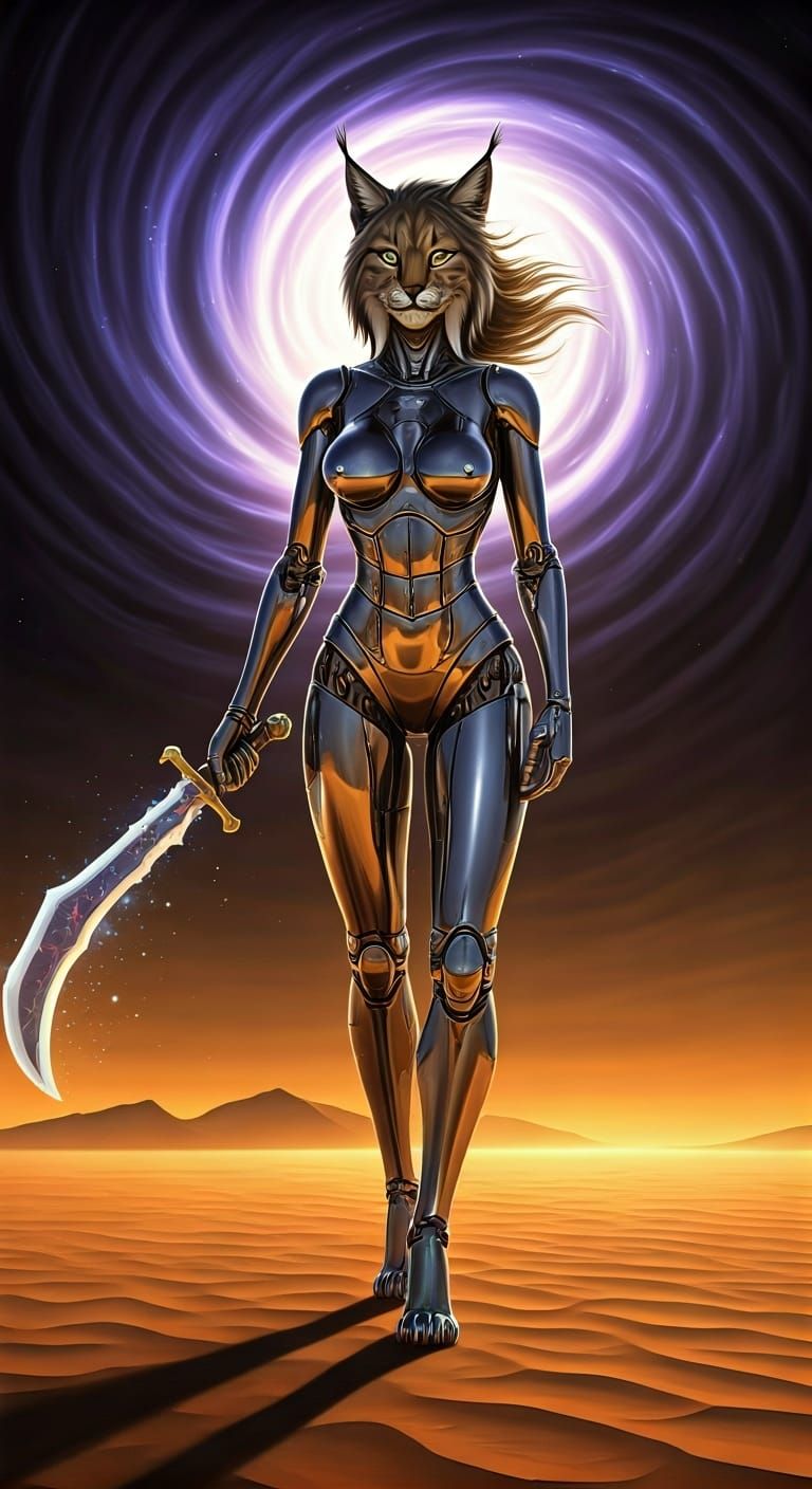 Chrome Lynx Warrior in Windswept Desert Nebula