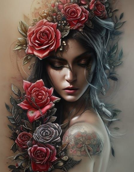 Rose Tattooed Woman: Hyperrealistic Ornate Masterpiece