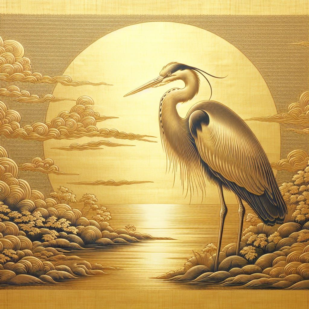 Elegant Golden Silk Screen Portrait of a Great Heron