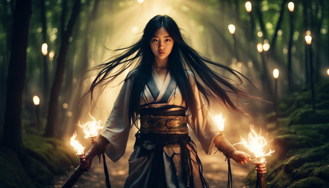 Enchanting Warrior Girl in Japanese Forestscape