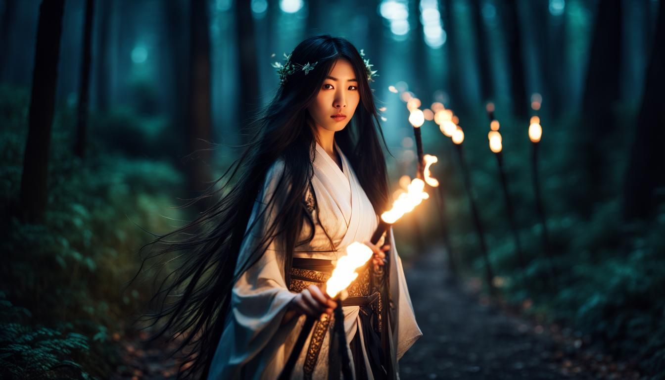 Mysterious Warrior Girl in Japanese Forestscape with Glowing...
