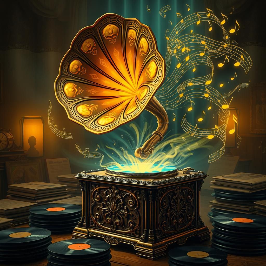 Antique Phonograph with Flowing Music in Art Nouveau Style