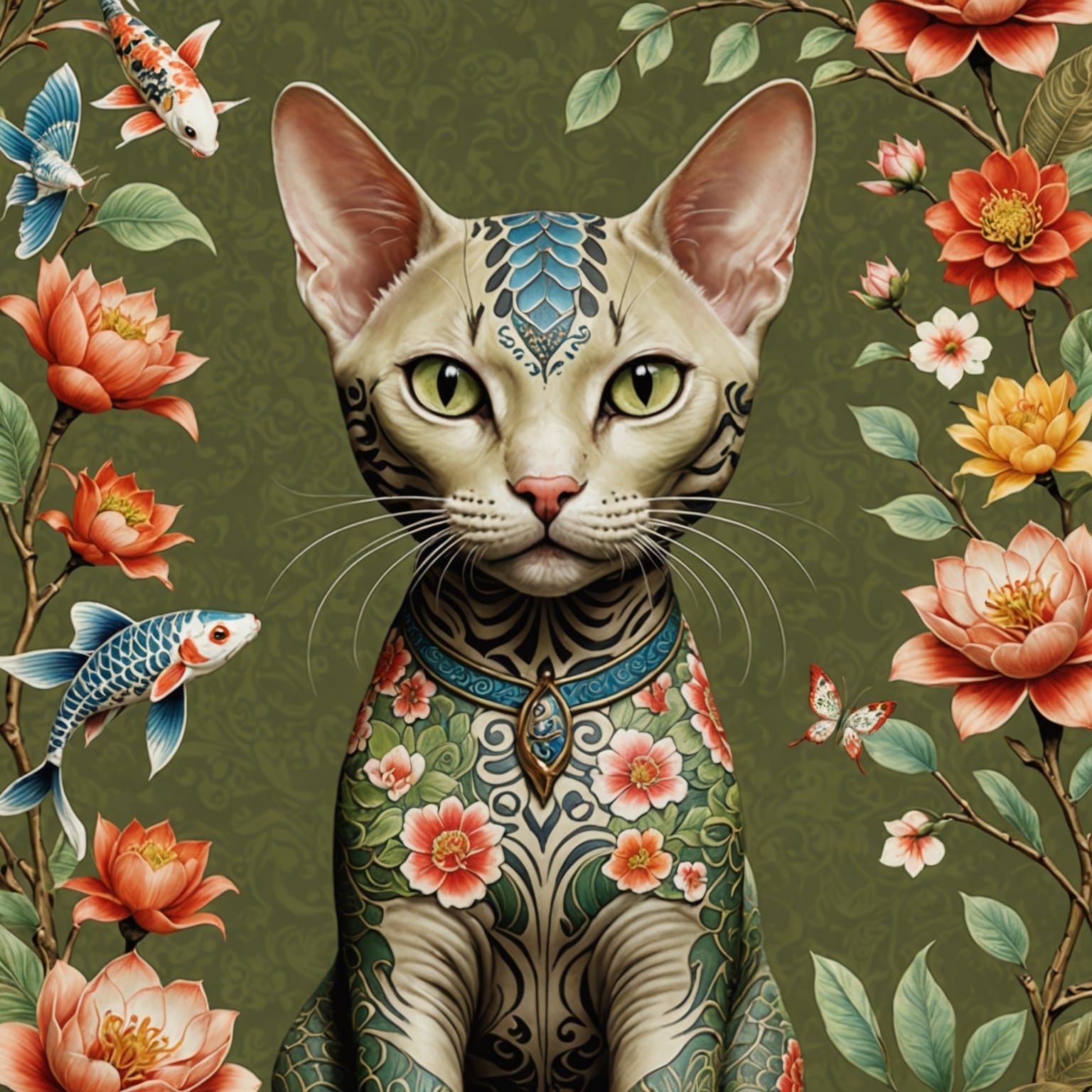 Tattooed Egyptian Cat in Japanese Art Style