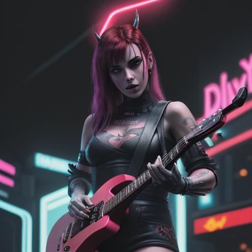 Cyberpunk Devil Shredding Guitar in Neon City