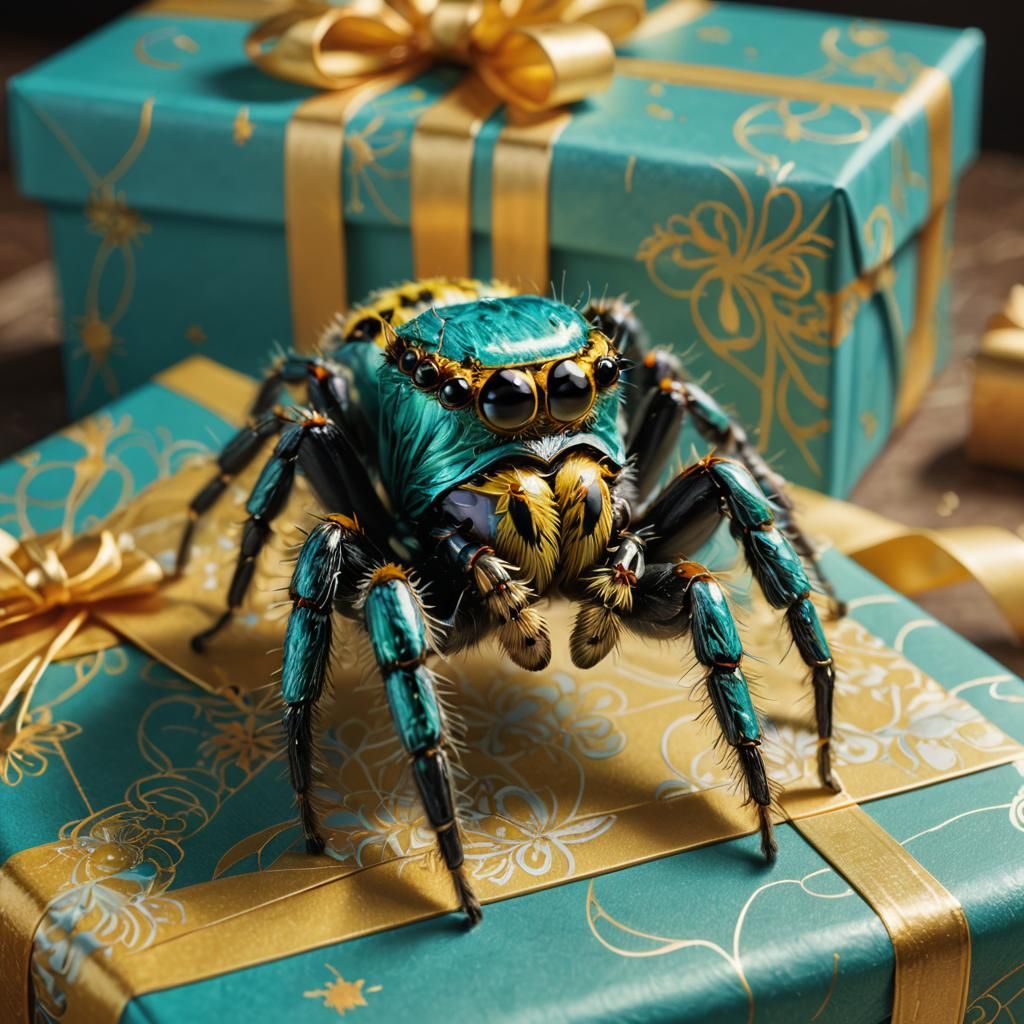 Turquoise Jumping Spider on Gift: Hyperrealistic Concept Art