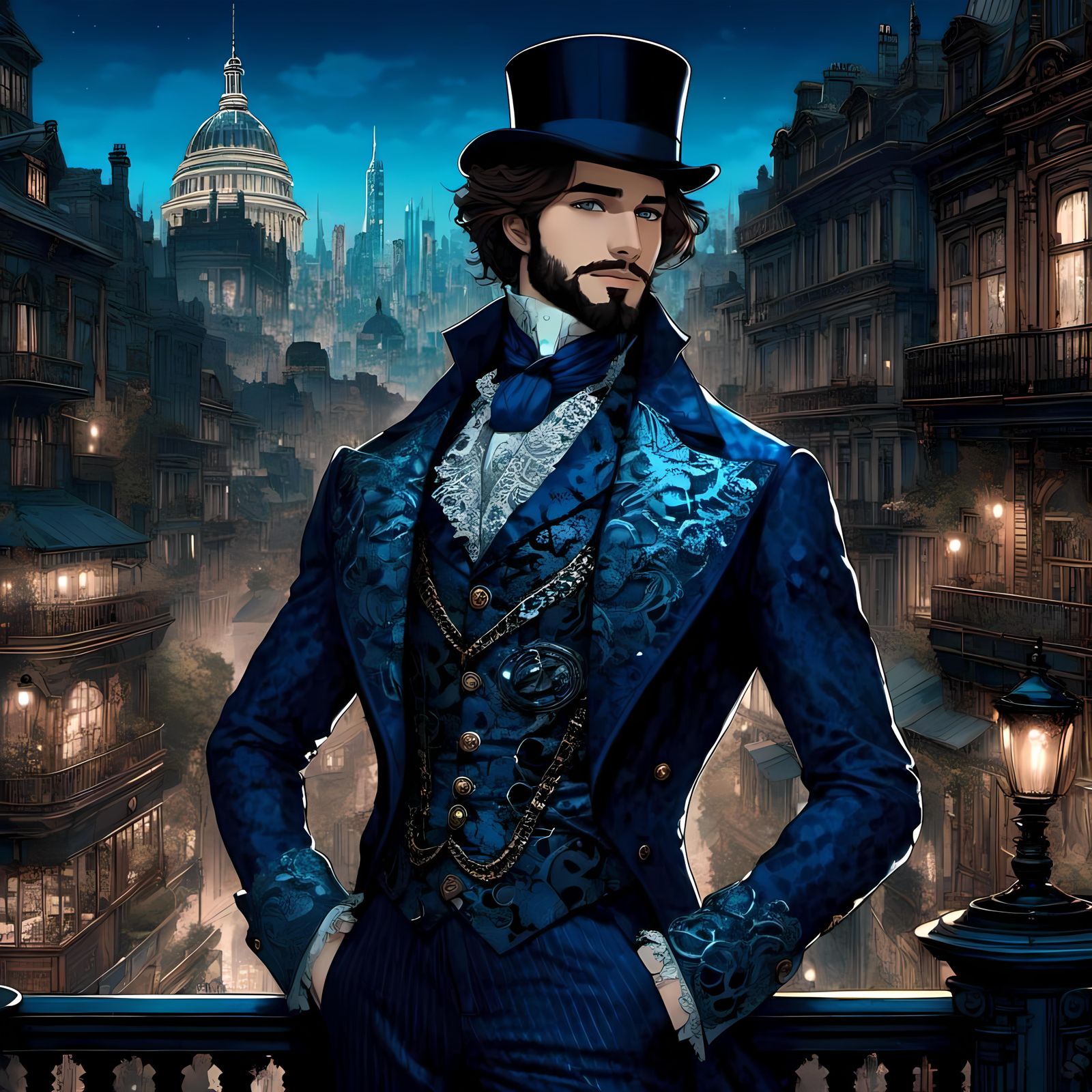 Glitchcore Portrait in Indigo Victorian Style